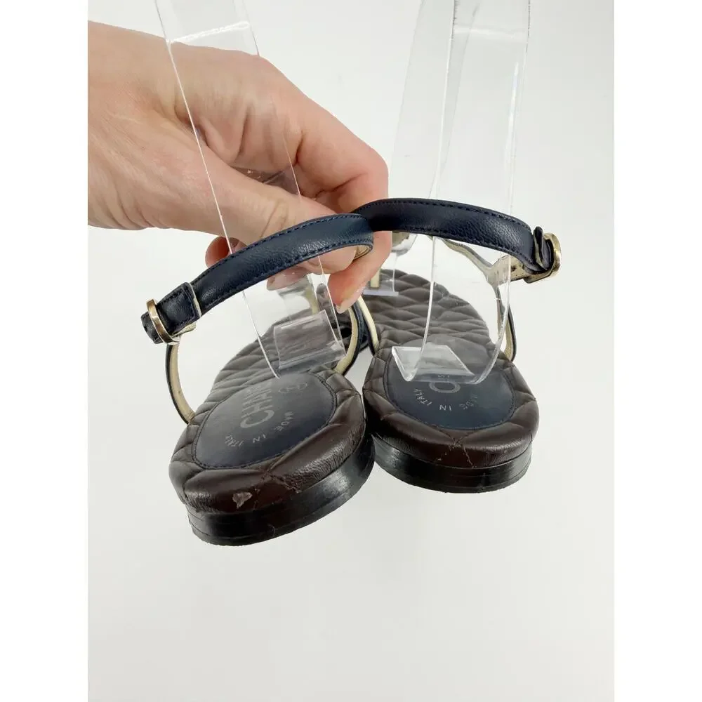 Chanel Paris Dallas Quilted Leather CC Star T Strap Flat Sandals Black Shoes 37